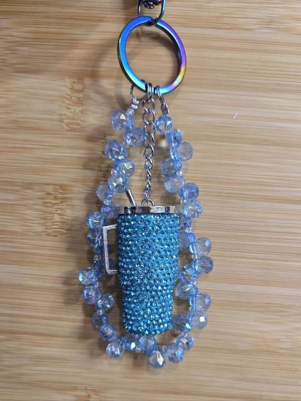 💎 Bling Rhinestone Tumbler Keychain Wristlet with Crystal Beads & Rainbow Hardw